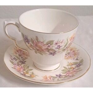 Colclough Bone China Teacup Saucer England Wayside Floral Gold Trim Vintage